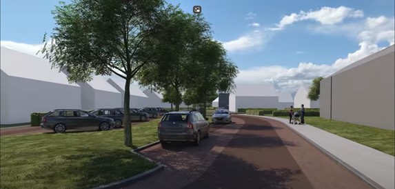 Straat, auto's, bomen, lucht, gebouwen, voetgangers