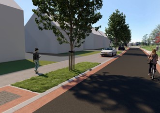 schets weg, groen, voetganger, auto, huizen, lucht