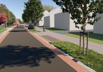 schets weg, groen, voetganger, auto, huizen, lucht