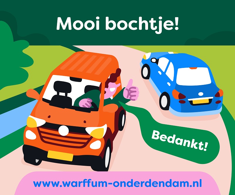 plaatje met auto's, tekst: Mooi bochtje! Bedankt!