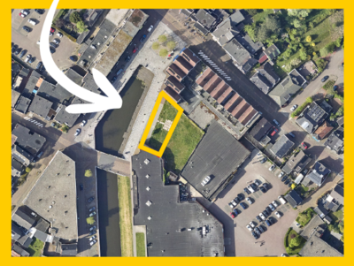 Luchtfoto Molen­erf met winkelruimte, huizen, straten, auto's