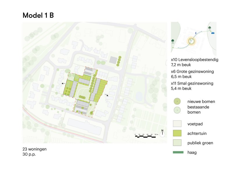 Tekening model 1b, 23 huizen, 30 parkeerplaatsen