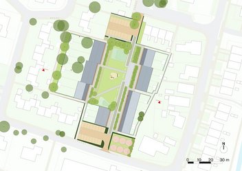 Tekening bouwgebied met huizen, groen, straten