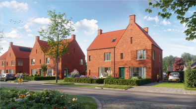 huizen, weg, bomen, bloemen, auto, fietser, lucht