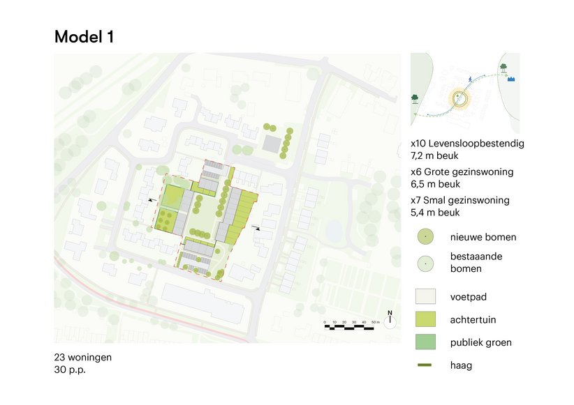 Tekening Model 1, 23 huizen, 30 parkeerplaatsen