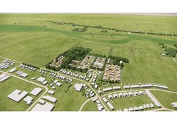 Schets met huizen, hofjes, wegen, bomen, weiland