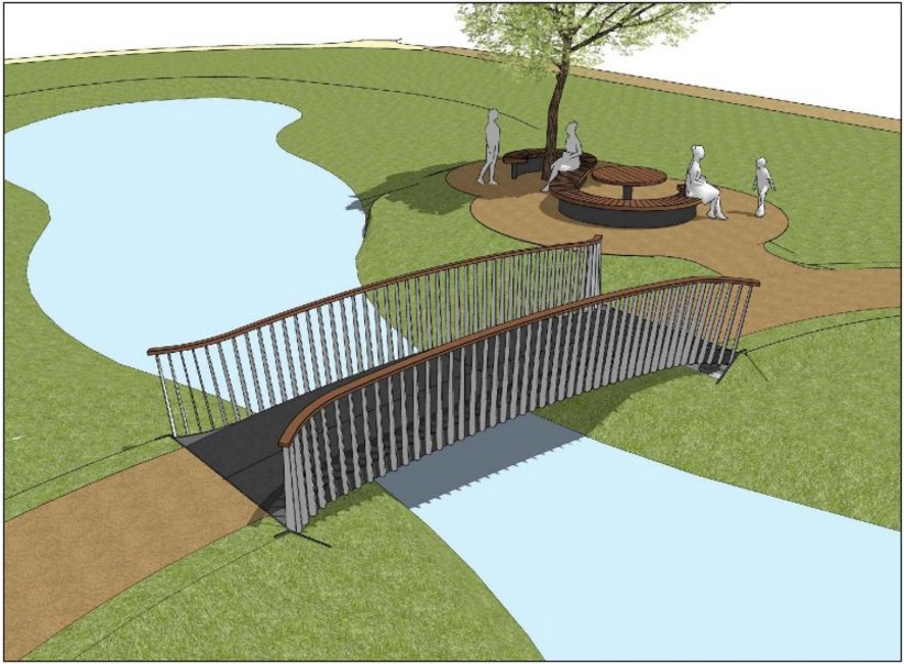 Schets brug met ontmoetingsplek Schets: brug, sloot, mensen, bankje, boom