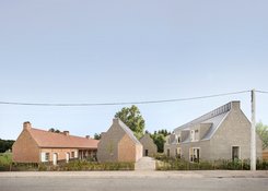 Schets nieuwe huizen, lucht, bomen, straat