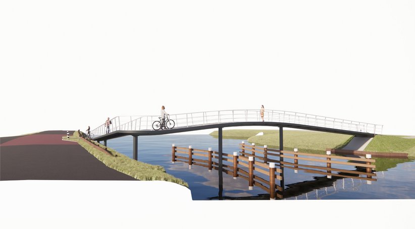 Schets brug, weg, water, lucht, dijk, mensen