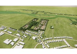 Schets met huizen, wegen, bomen, weiland