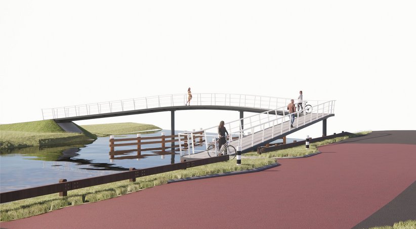 Schets brug, weg, water, lucht, dijk, mensen