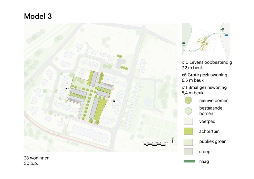 Tekening model 3: 23 huizen, 30 parkeerplaatsen